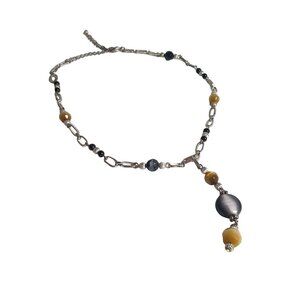 Handcrafted Beaded Necklace With Black Yellow Beads Silver Tone Chain Adjustable